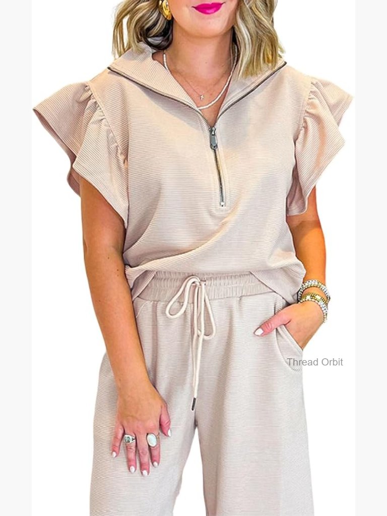 Two Piece Lounge Set Ruffle Cap Sleeve Zip Top Wide Leg Pants Tracksuit